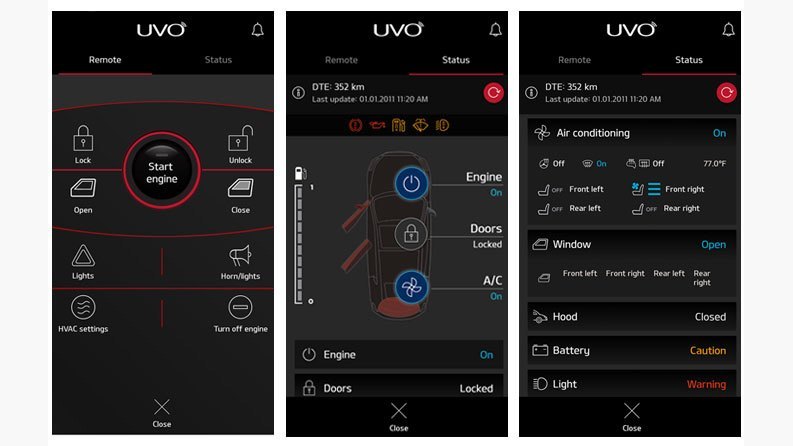 기아 UVO 커넥티드카 앱 — 원격 시동과 차량 상태 화면