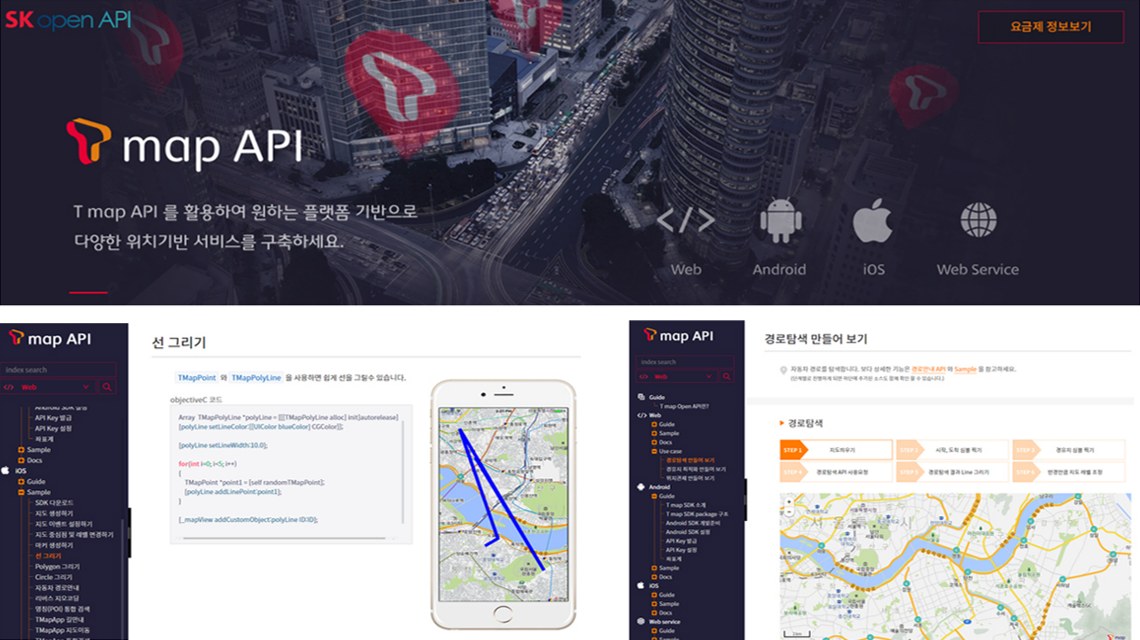 TMAP API 공식 사이트 — 소개 배너와 개발자 문서·SDK 예제 화면